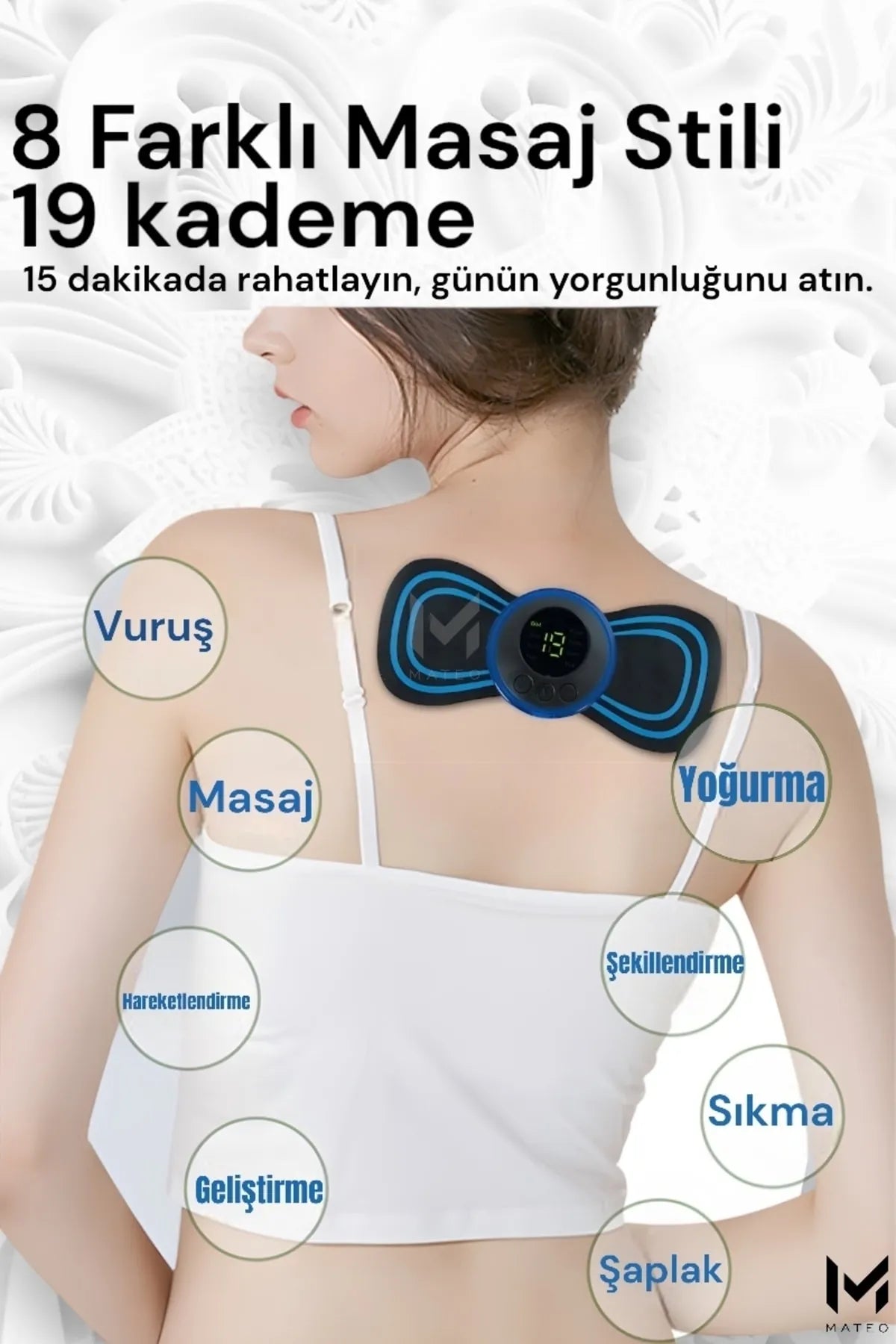 Pedli Masaj Aleti Bel Sırt Bacak Kol 8 Farklı Stil 18 Kademeli Titreşimli Şarjlı Taşınabilir Tens