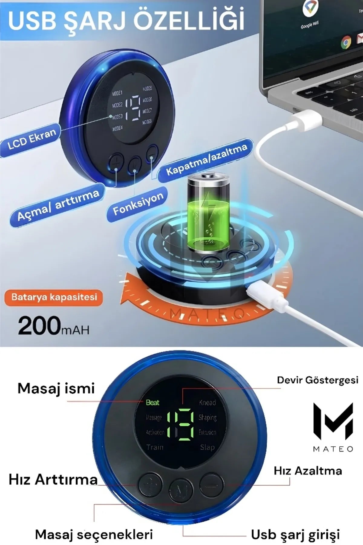 Pedli Masaj Aleti Bel Sırt Bacak Kol 8 Farklı Stil 18 Kademeli Titreşimli Şarjlı Taşınabilir Tens