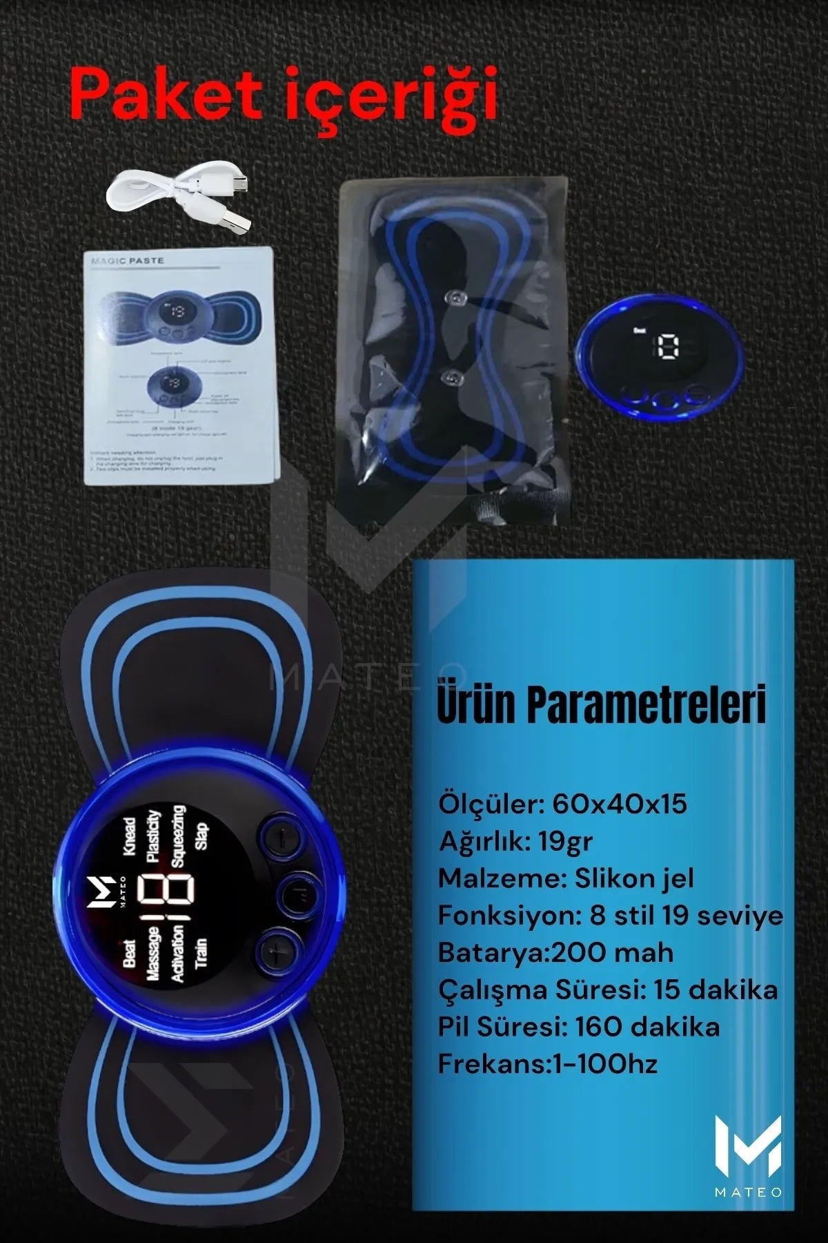 Pedli Masaj Aleti Bel Sırt Bacak Kol 8 Farklı Stil 18 Kademeli Titreşimli Şarjlı Taşınabilir Tens